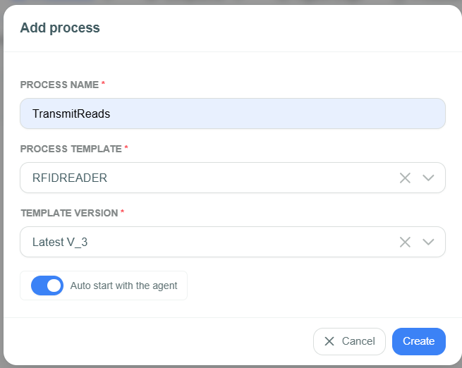 Add process dialog with Process name, Process template, Template version, and Auto start with the agent
